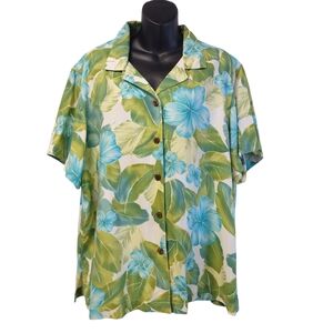 Caribbean Joe Woman's Sz 2X Tropical Floral Button Up Shirt Blue Green Hawaiian